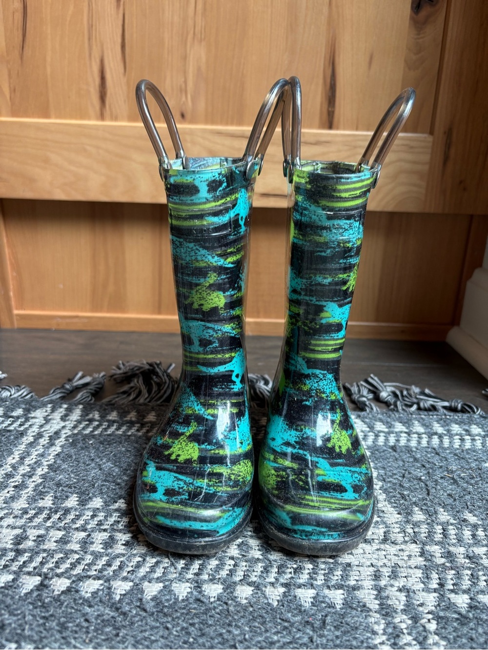 Western Chief Kids Teal & Lime Patterned Rain Boots with Pull Handles